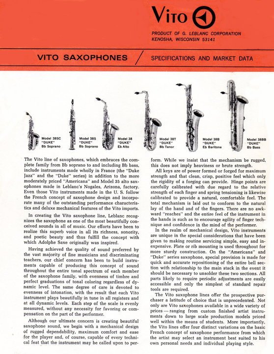 VITO Saxophones — specifications and market data VITO Saxophones — specifications and market data